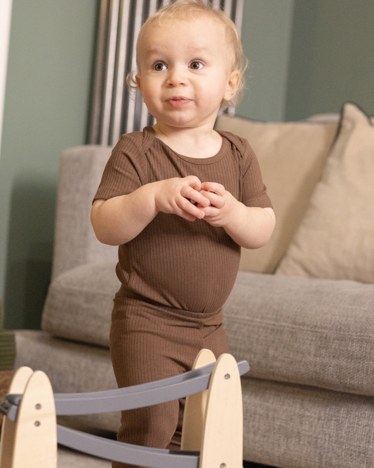 Baby wearing a mocha ribbed short sleeve bodysuit and leggings set, view 2