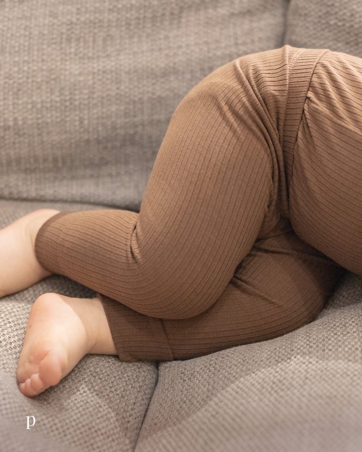 Close up of soft mocha ribbed bamboo leggings