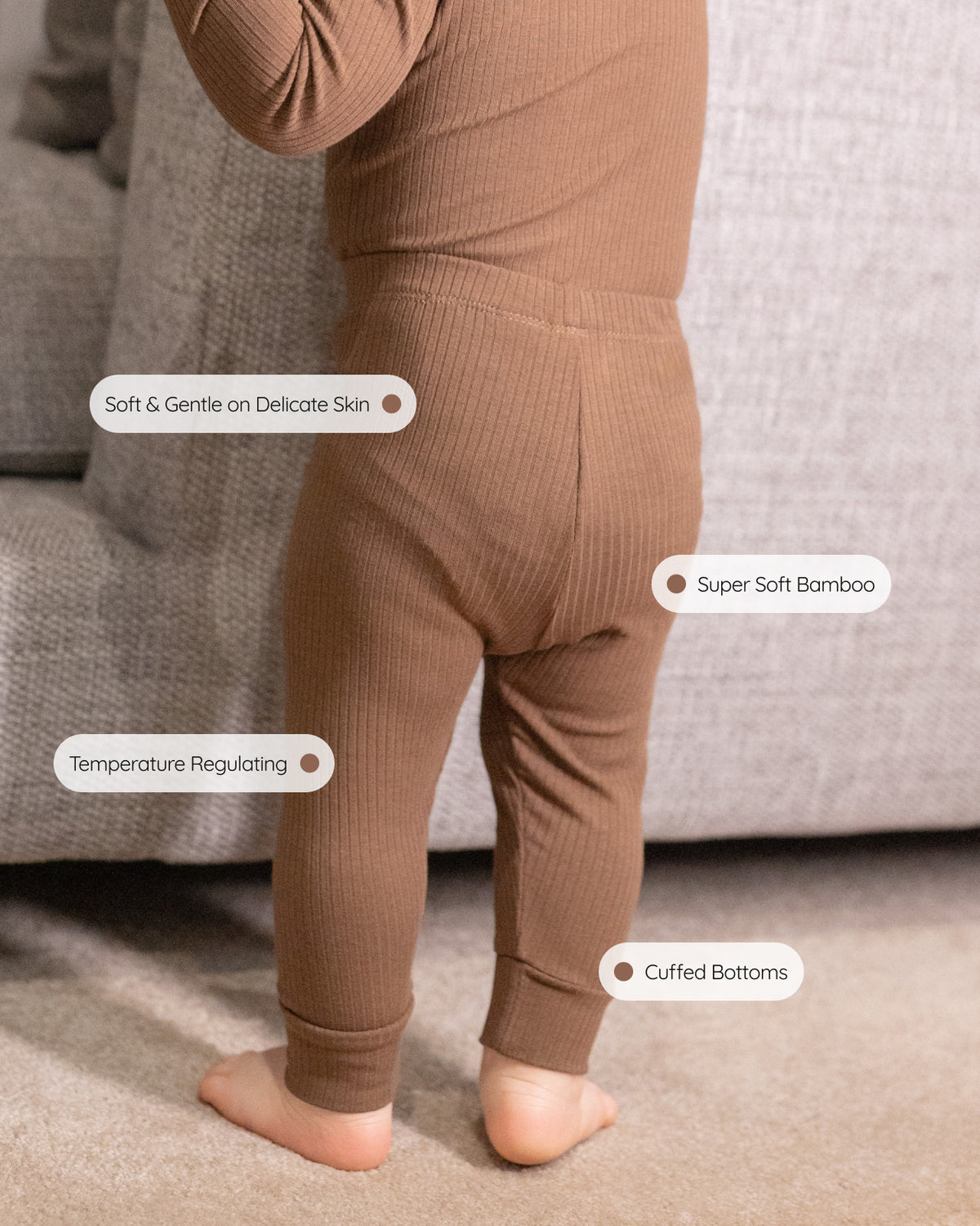 Mocha ribbed bamboo baby leggings, features