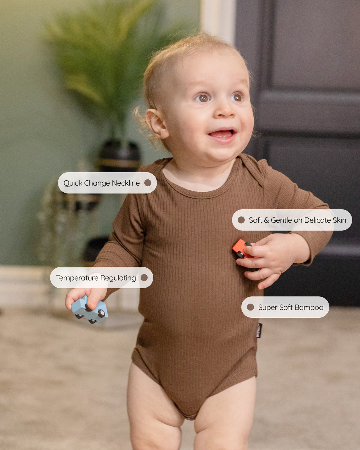 Mocha ribbed bamboo long sleeve bodysuit, features