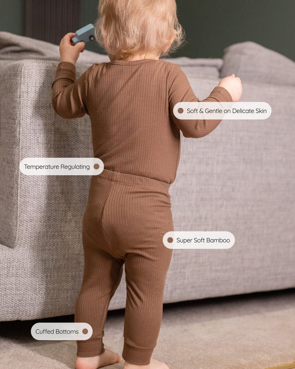 Baby wearing a mocha ribbed long sleeve bodysuit and leggings set, view 4