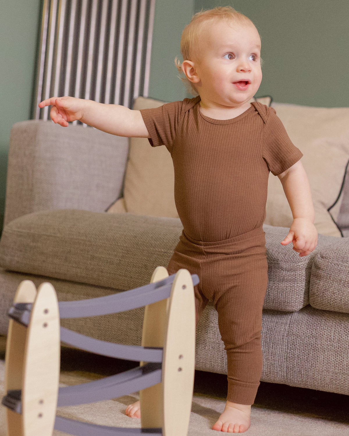 Baby wearing a mocha ribbed short sleeve bodysuit and leggings set, view 5