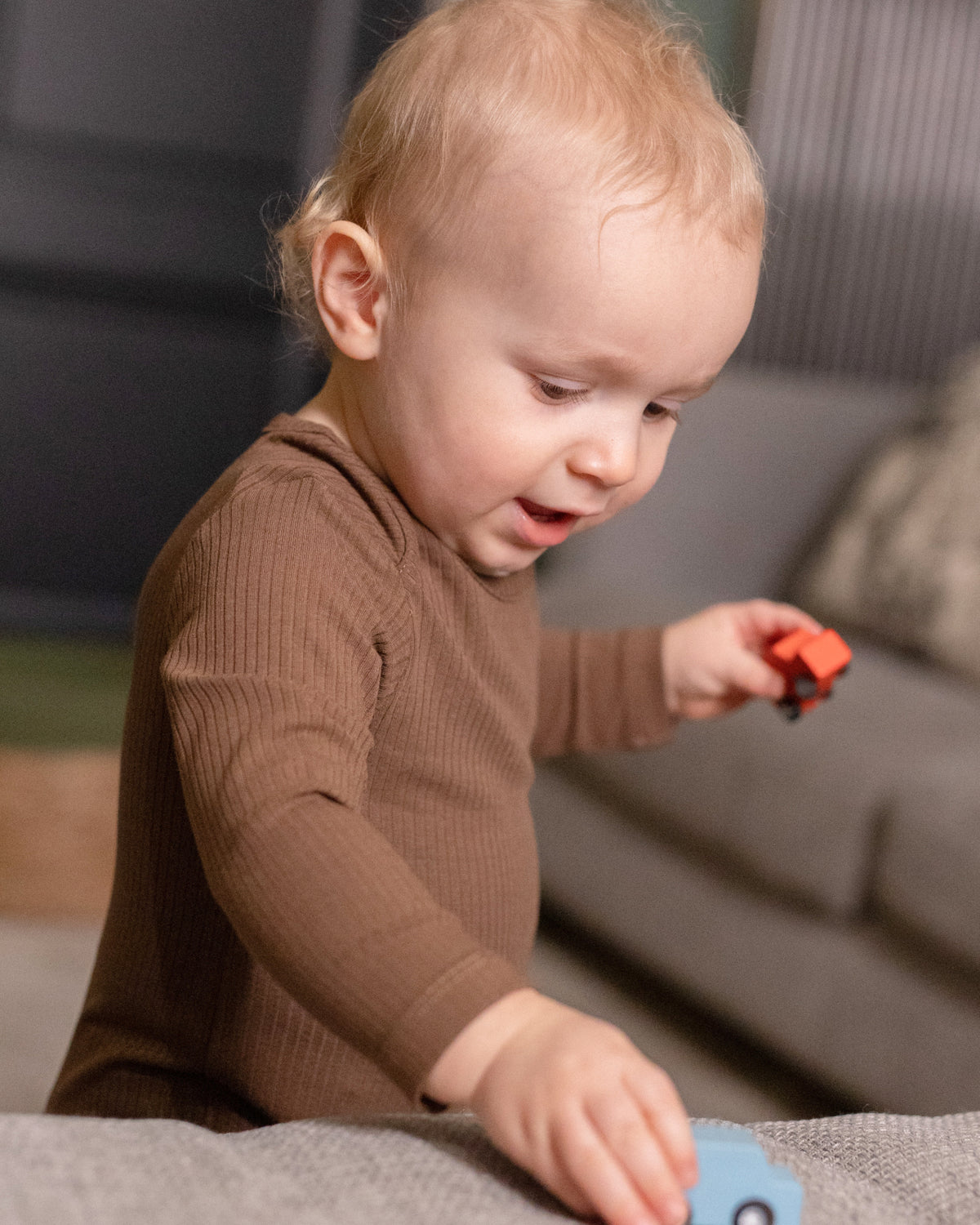 Baby wearing a mocha ribbed long sleeve bodysuit and leggings set, view 6