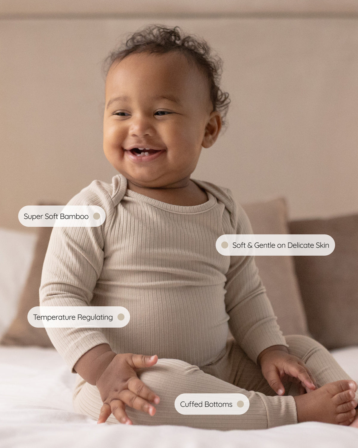 Baby wearing a oatmeal ribbed long sleeve bodysuit and leggings set, view 4
