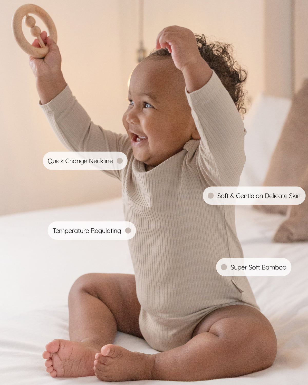 Oatmeal ribbed bamboo long sleeve bodysuit, features