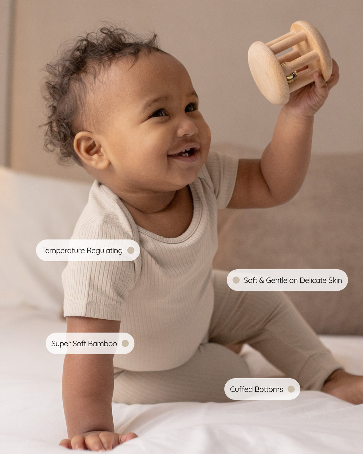 Baby wearing a oatmeal ribbed short sleeve bodysuit and leggings set, view 4