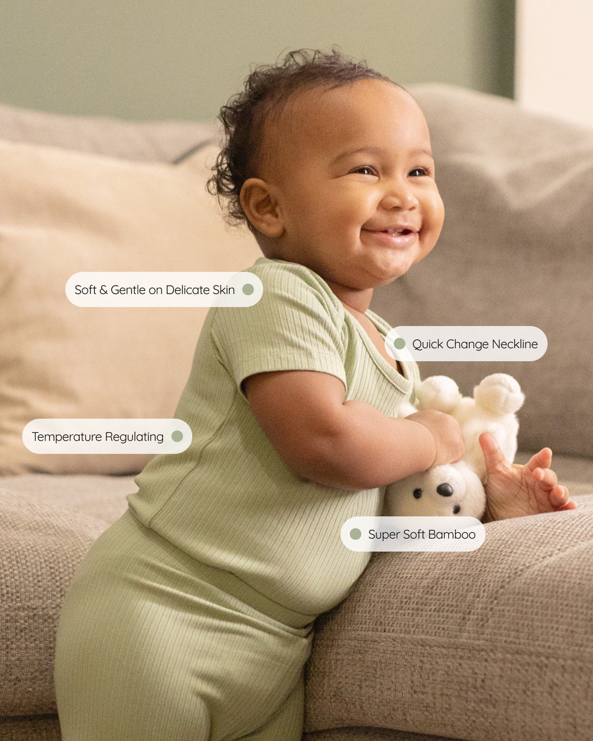 Sage ribbed bamboo short sleeve bodysuit, features