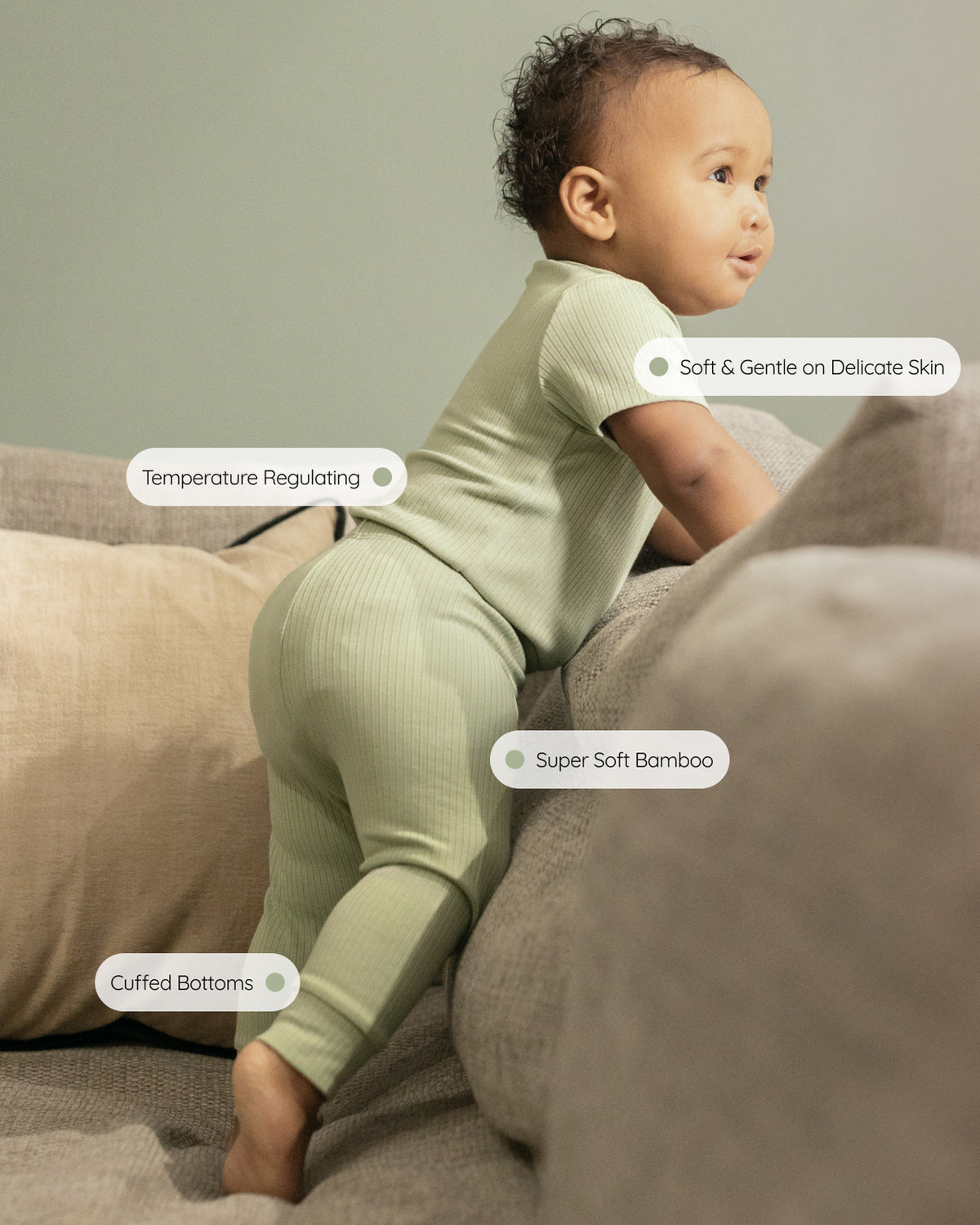 Baby wearing a sage ribbed short sleeve bodysuit and leggings set, view 4