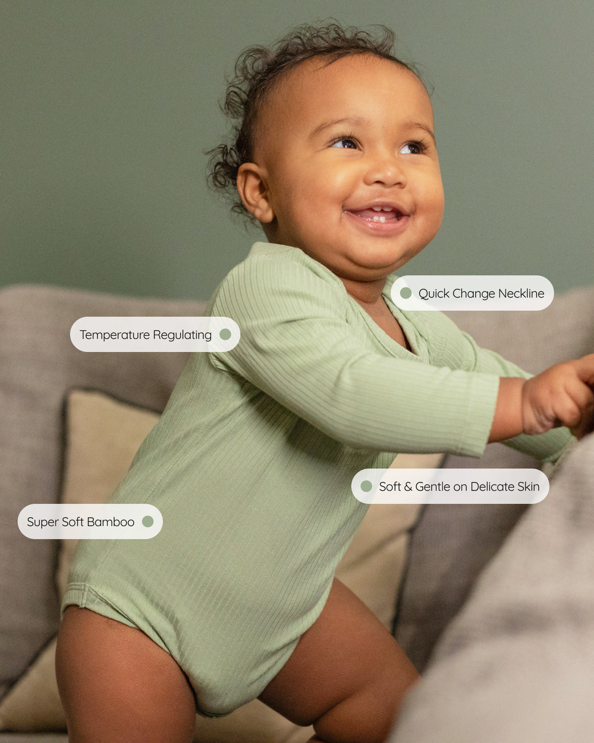 Sage ribbed bamboo long sleeve bodysuit, features