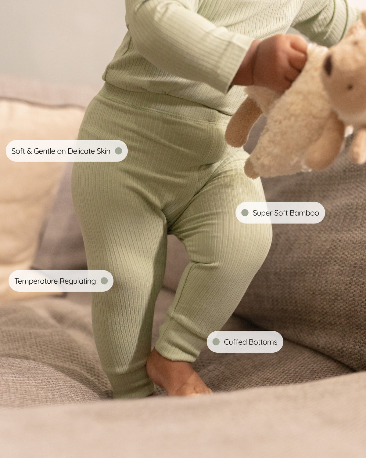 Sage ribbed bamboo baby leggings, features