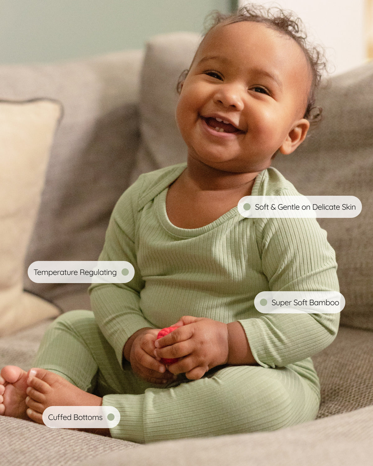 Baby wearing a sage ribbed long sleeve bodysuit and leggings set, view 4